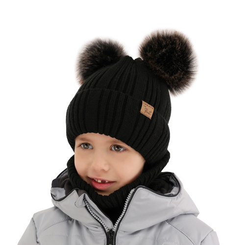 Pojke vinter set: mössa och tubhalsduk, beige, med två pompommar, Bilard