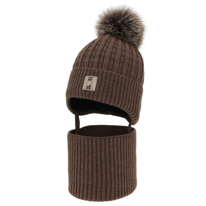 Pojke vinter set: mössa och tubhalsduk, brun, med pompom, Fiamanto