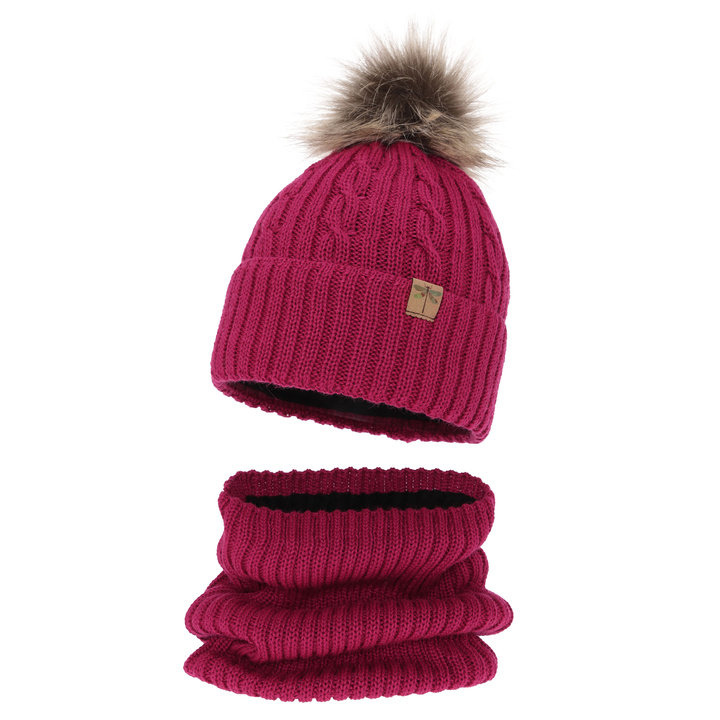 Flicka vinter set: mössa och halsduk, amarant, med pompom, med merinull, Aprilia