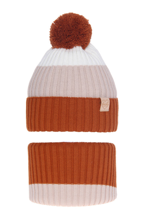 Flicka vinter set: mössa och tubhalsduk, brun, med pompom, Indiana