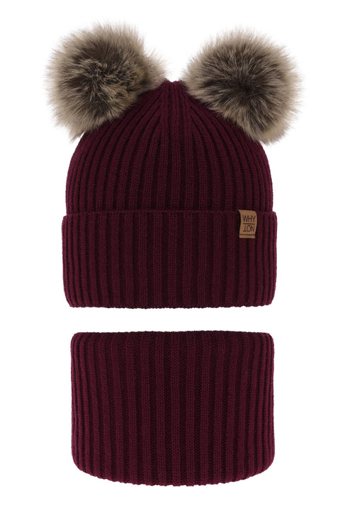 Pojke vinter set: mössa och tubhalsduk, bordó, med två pompommar, Oxford