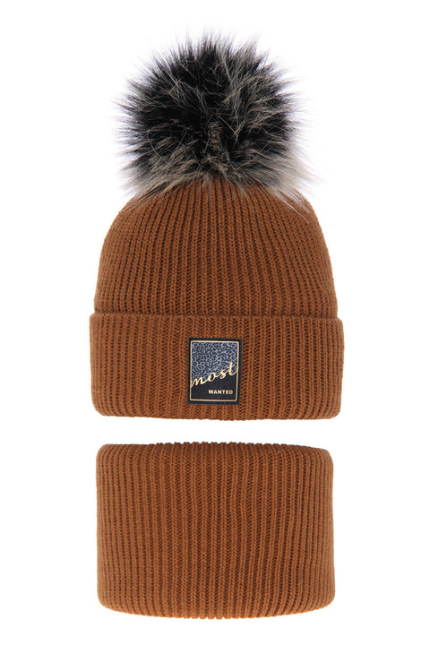 Flicka vinter set: mössa och halsduk, brun, med pompom, Sycylia