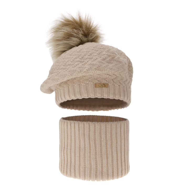 Flicka vinter set: mössa och halsduk, beige, med pompom, Atene