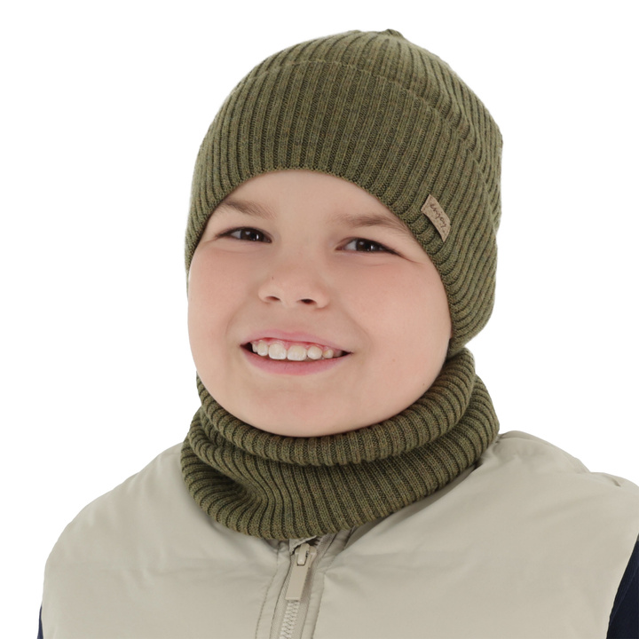 Pojke höst/vår set: mössa och tubhalsduk, khaki, 100% Merino Ull, Intro