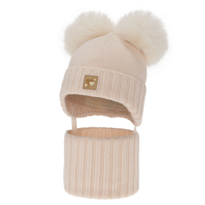 Flicka mössa och tubscarf, vinter set, ljusrosa, 100% merinull, fodrad med ullfleece, Ronia