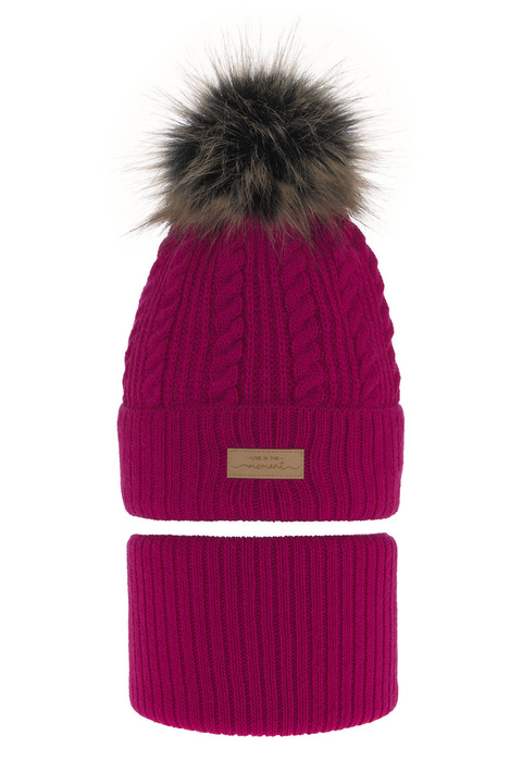 Flicka vinter set: mössa och halsduk, rosa, med pompom, Alika