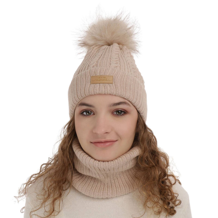 Flicka vinter set: mössa och tubhalsduk, beige, med pompom, Alika