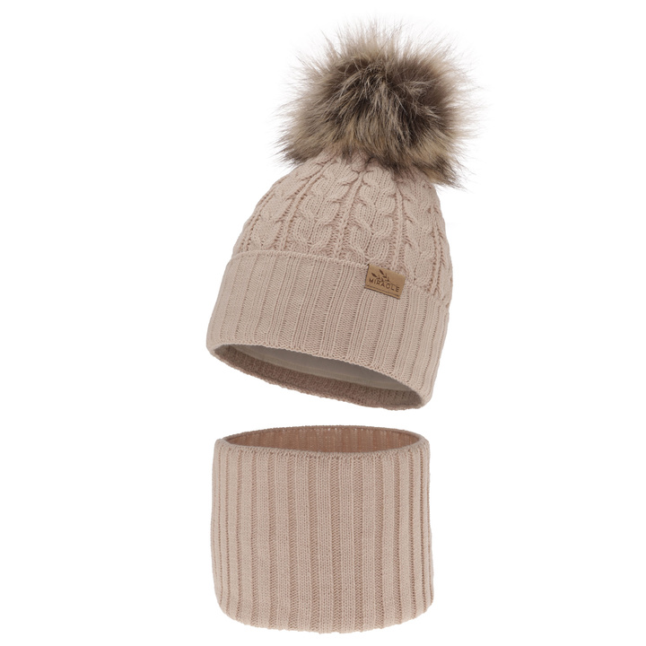 Flicka vinter set: mössa och tubhalsduk, beige, med pompom, Tanzania