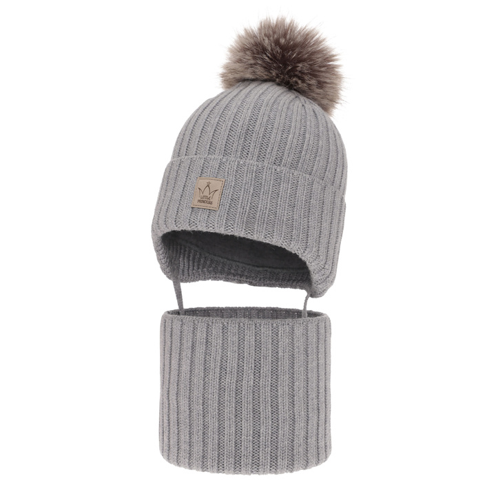 Flicka vinter set: mössa och halsduk, grå, 100% Merino Ull, med knytband, fodrad med bomull, Martina