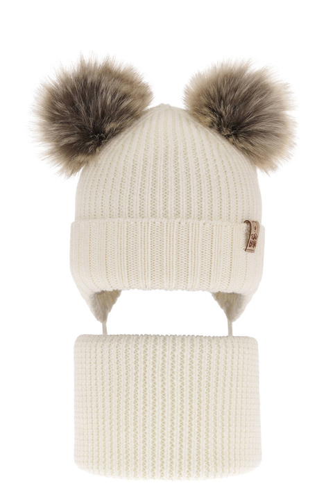 Pojke vinter set: mössa och halsduk, kremowy, med knytband, 100% Merino Ull, Konor