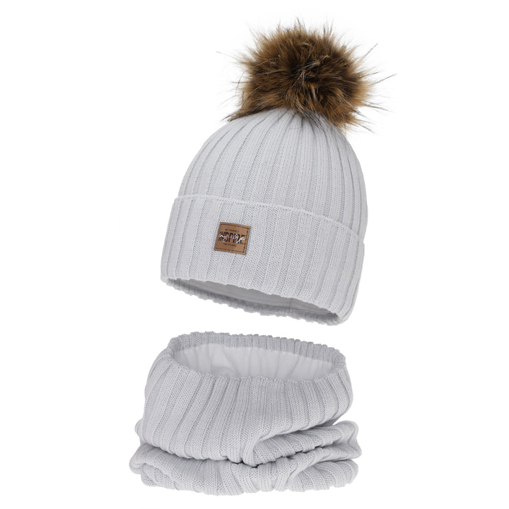 Flicka vinter set: mössa och tubhalsduk, grå, fodrad med fleece, med merinull, Bellina
