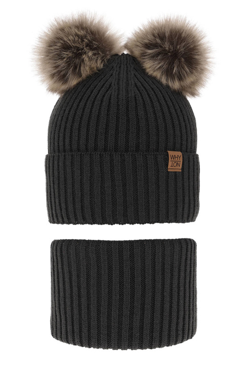 Pojke vinter set: mössa och tubhalsduk, grå, med två pompommar, knytband, Oxford
