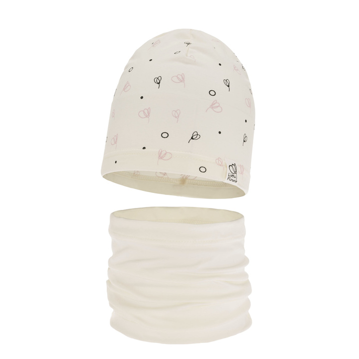 Flicka höst/vår set: mössa och tubhalsduk, gräddvit, i bomull, Fiora