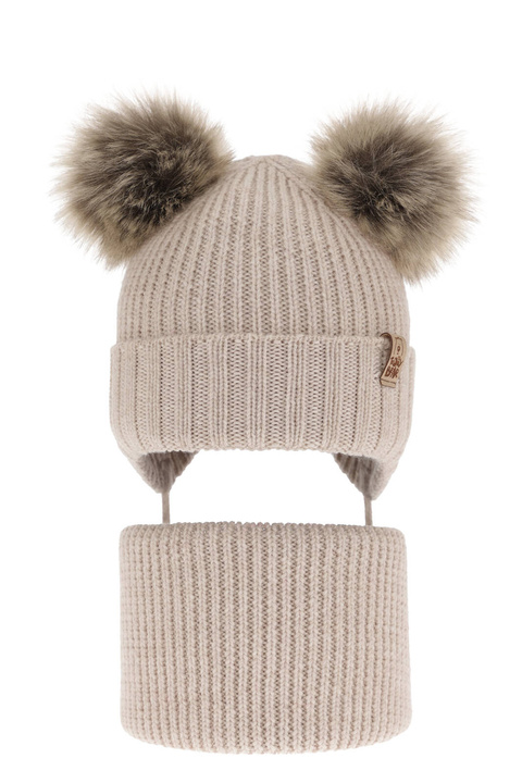 Pojke vinter set: mössa och tubhalsduk, beige, med knytband, 100% Merino Ull, Konor