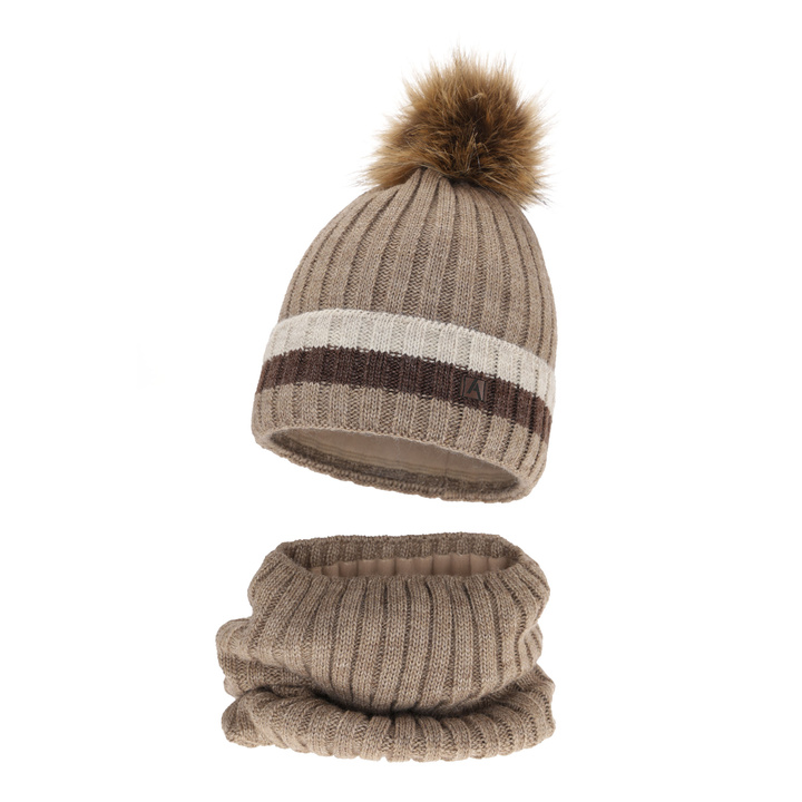 Pojke vinter set: mössa och tubhalsduk, beige, med pompom, podszyty polarem, Beno