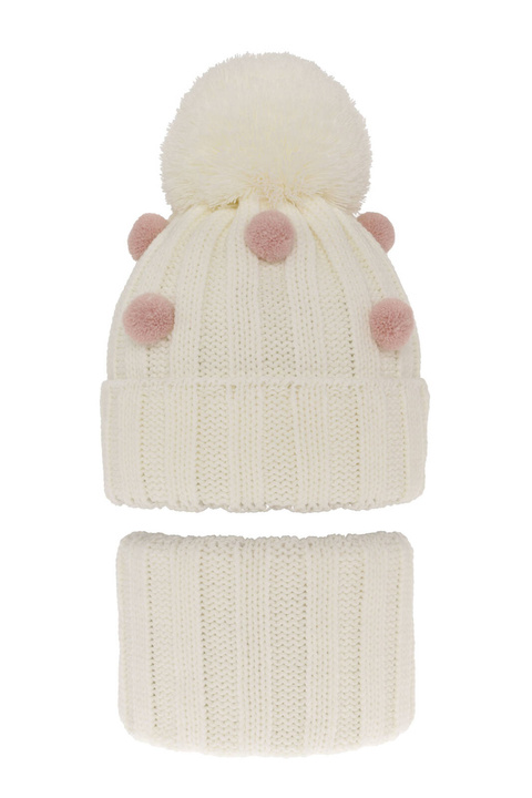 Flicka vinter set: mössa och halsduk, kremowy, med pompom, Hekate