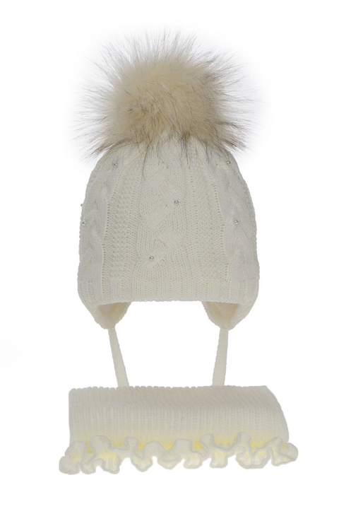 Flicka vinter set: mössa och halsduk, kremvit, med pompom, Mirella
