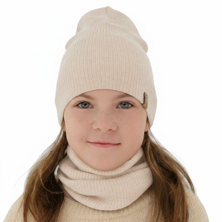 Flicka höst/vår set: mössa och tubhalsduk, rosa klar, 100% Merino Ull, Ricona