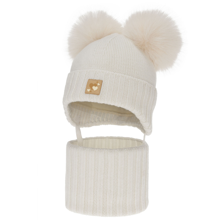 Flicka mössa och tubscarf, vinter set, vit, 100% merinull, fodrad med ullfleece, Ronia