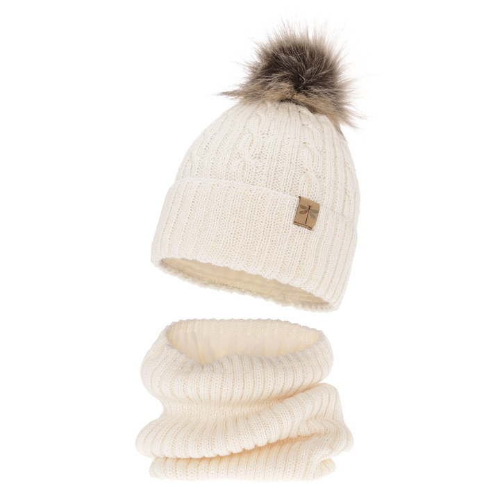 Flicka vinter set: mössa och tubhalsduk, kremowy, med pompom, med merinull, Aprilia