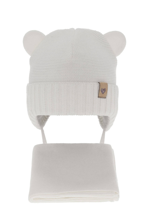 Flicka vinter set: mössa och halsduk, vit, med knytband, Alice