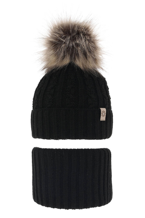 Flicka vinter set: mössa och halsduk, svart, med pompom, Pretoria