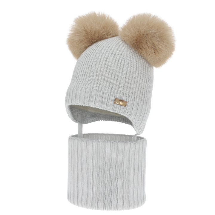 Flicka mössa och tubscarf, vinter set, grå, 100% merinull, fodrad med ullfleece, Lumia