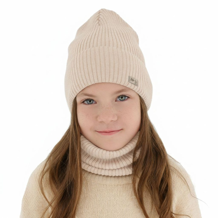 Flicka höst/vår set: mössa och tubhalsduk, rosa ljus, 100% Merino Ull, Itra