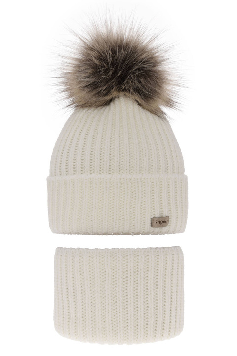 Flicka vinter set: mössa och tubhalsduk, creme, med pompom, Willow