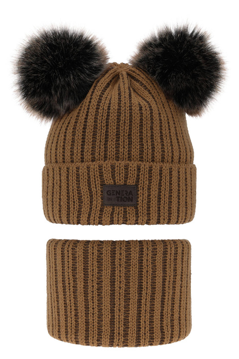 Pojke vinter set: mössa och tubhalsduk, camel, med två pompommar, Tokio