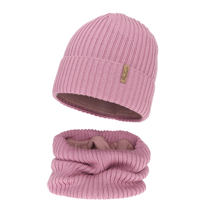 Flicka vinter set (mössa och tubhalsduk) fodrad med fleece, lila, med merinull, Odette