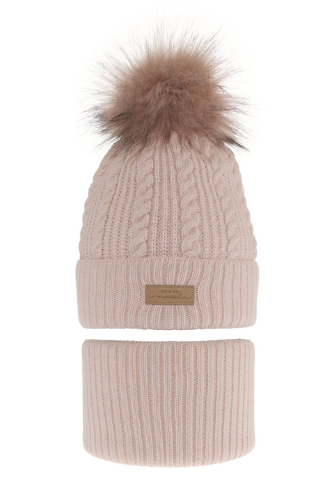 Flicka vinter set: mössa och tubhalsduk, rosa, med pompom, Alika