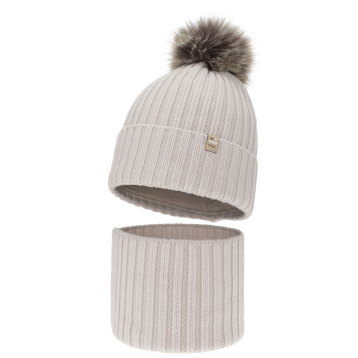 Flicka vinter set: mössa och tubhalsduk, beige, 100% Merino Ull, fodrad med bomull, med pompom, Terida