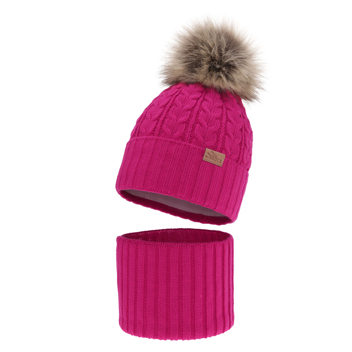 Flicka vinter set: mössa och halsduk, amarant, med pompom, Tanzania