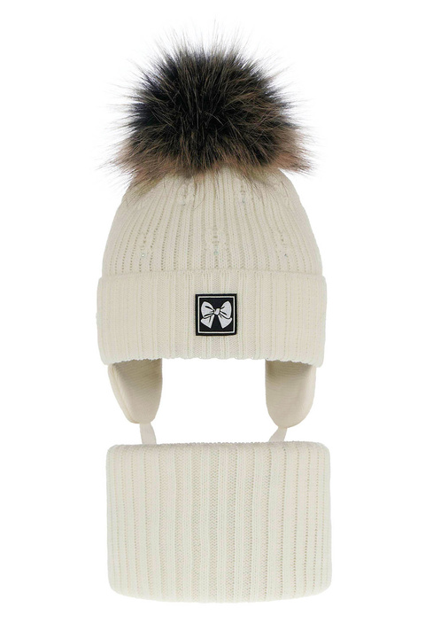 Flicka vinter set: mössa och tubhalsduk, creme, med pompom, Kinia