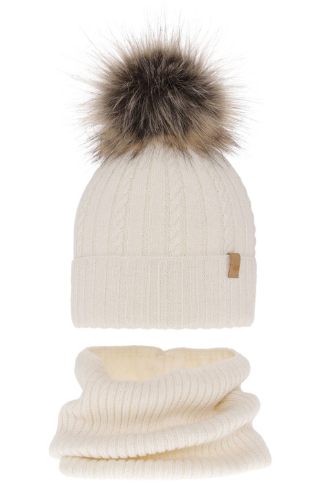 Flicka vinter set: mössa och tubhalsduk, gräddvit, med merinull, Mirabel