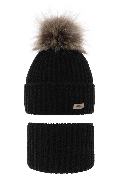 Flicka vinter set: mössa och tubhalsduk, svart, med pompom, Willow
