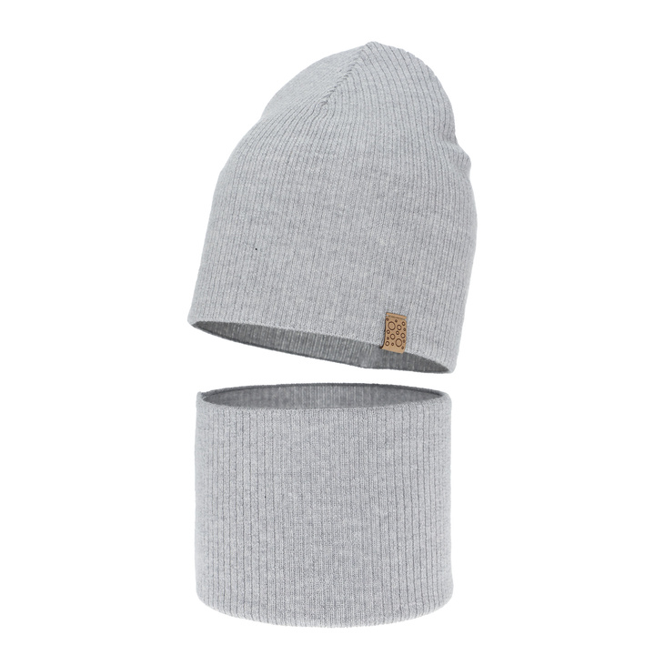 Flicka höst/vår set: mössa och tubhalsduk, grå, 100% Merino Ull, Ricona