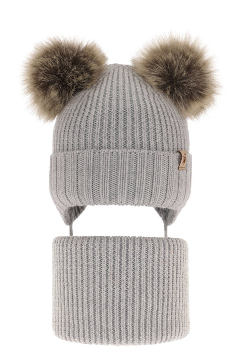 Flicka vinter set: mössa och tubhalsduk, grå, med knytband, med två pompommar, 100% Merino Ull, Silvia