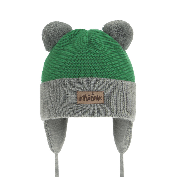 Pojke höst/vår mössa, grå, med två pompommar, knytband, Gigant