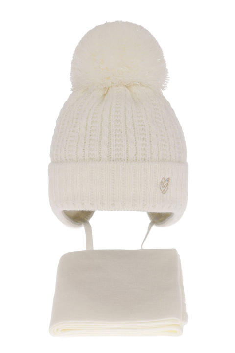 Flicka vinter set: mössa och halsduk, krem, med knytband, med pompom, Marisa