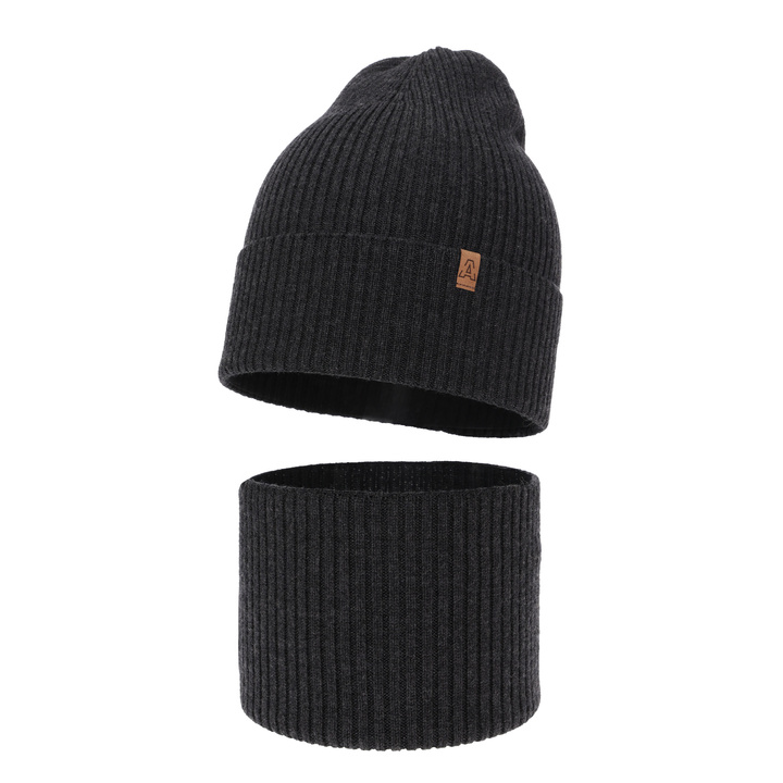 Pojke höst/vår set: mössa och tubhalsduk, mörkgrå, 100% Merino Ull, Lemas