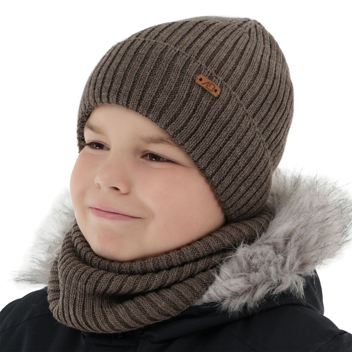 Pojke vinter set: mössa och tubhalsduk, brun, med merinull, Tubhalsduk (fodrad med fleece), Palermo