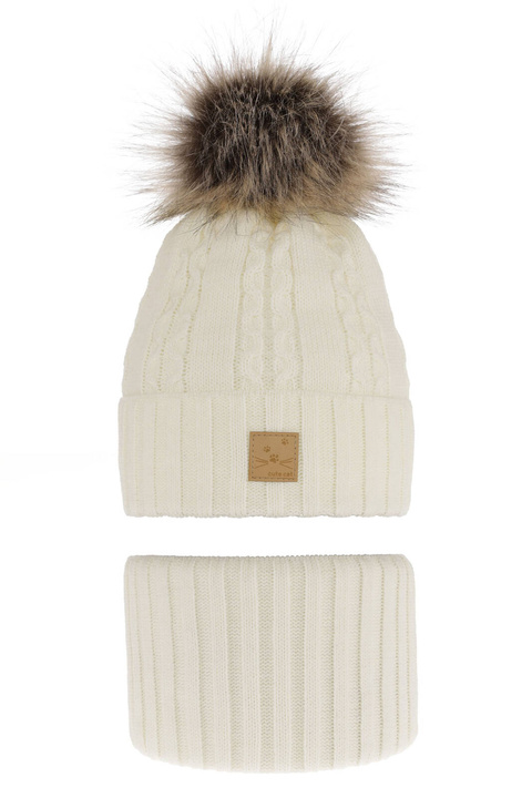 Flicka vinter set: mössa och tubhalsduk, kremowy, med pompom, Alexia