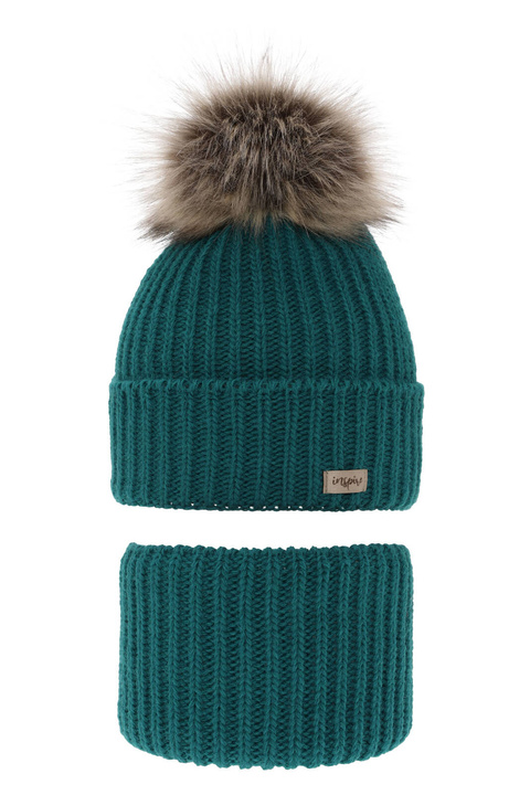 Flicka vinter set: mössa och tubhalsduk, grön, med pompom, Willow
