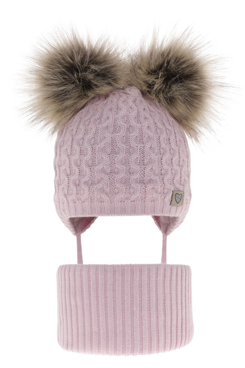 Flicka vinter set: mössa och tubhalsduk, lila, med två pompommar, knytband, Poliana