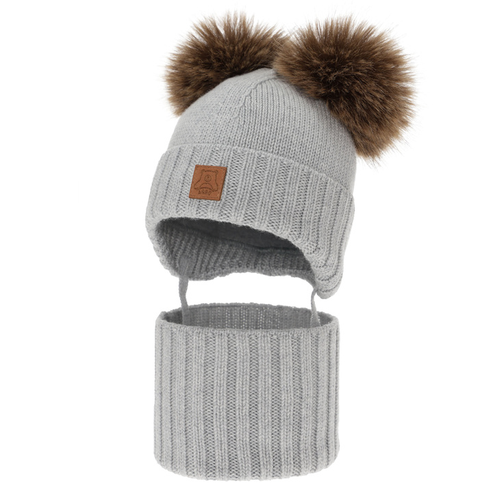 Pojke mössa och tubscarf, vinter set, grå, 100% merinull, fodrad med ullfleece, Ronik