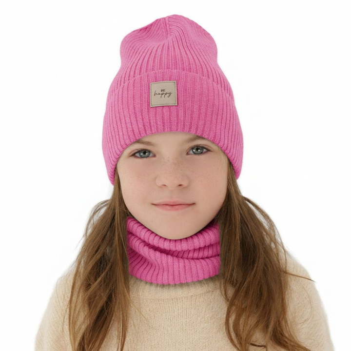 Flicka höst/vår set: mössa och tubhalsduk, rosa, 100% Merino Ull, Vanita