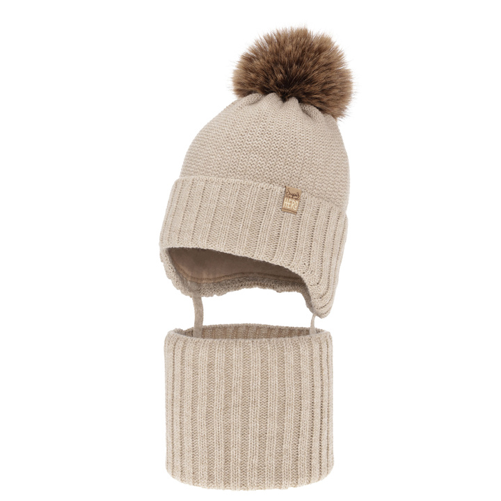 Pojke vinter set: mössa och halsduk, beige, med pompom, Kayen