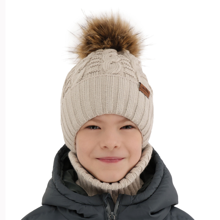 Pojke vinter set: mössa och halsduk, beige, med pompom, Cent